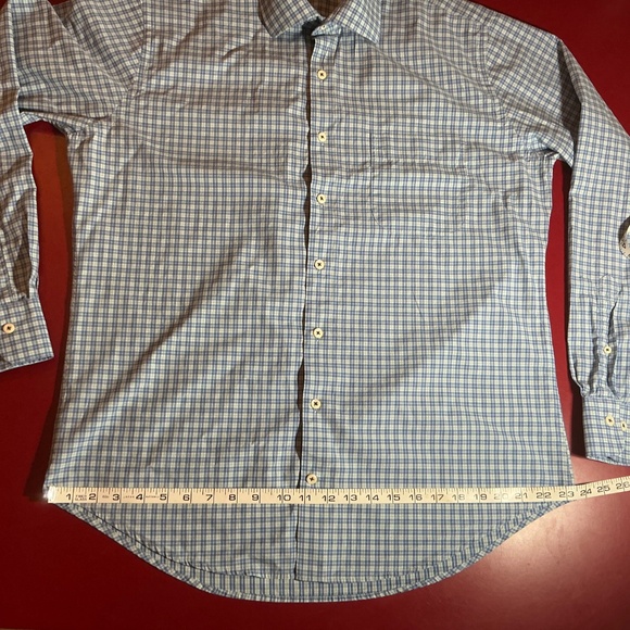 Peter Millar Mens L Plaid Dress Shirt Blue Tan Check 100% Cotton Button Down top - Picture 4 of 14